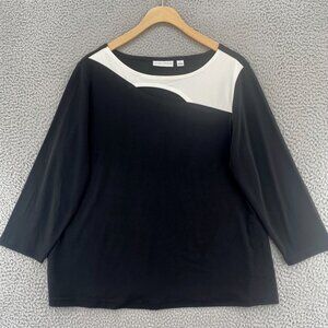 Susan Graver Top Womens Large Black Liquid Knit 3/4 Sleeve Cut Out Asymmetric